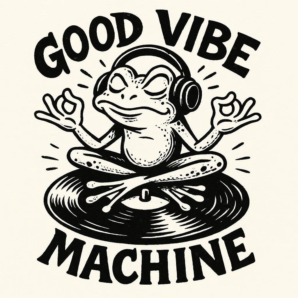 Example output from the Black Ink Streetwear Illustrations ChatGPT prompt: Good Vibe Machine