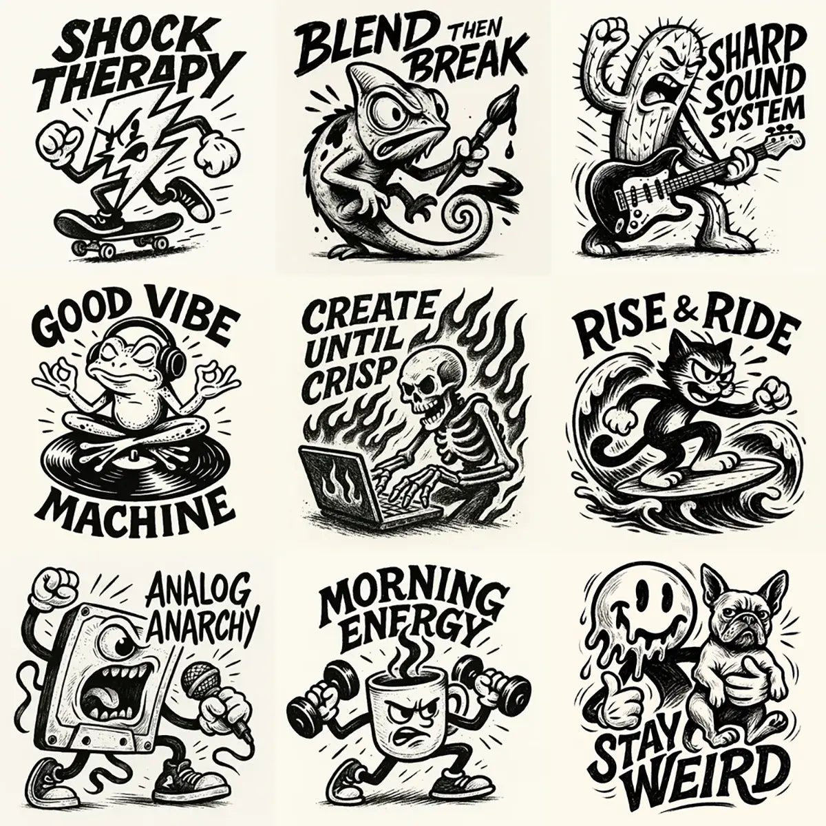 Example output from the Black Ink Streetwear Illustrations ChatGPT prompt: nine black-ink characters and slogans with bold linework, hand-lettered type, and punk energy.
