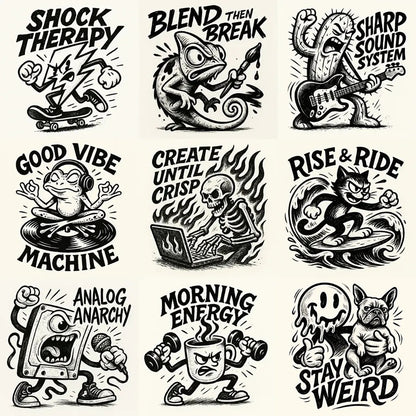 Example output from the Black Ink Streetwear Illustrations ChatGPT prompt: nine black-ink characters and slogans with bold linework, hand-lettered type, and punk energy.