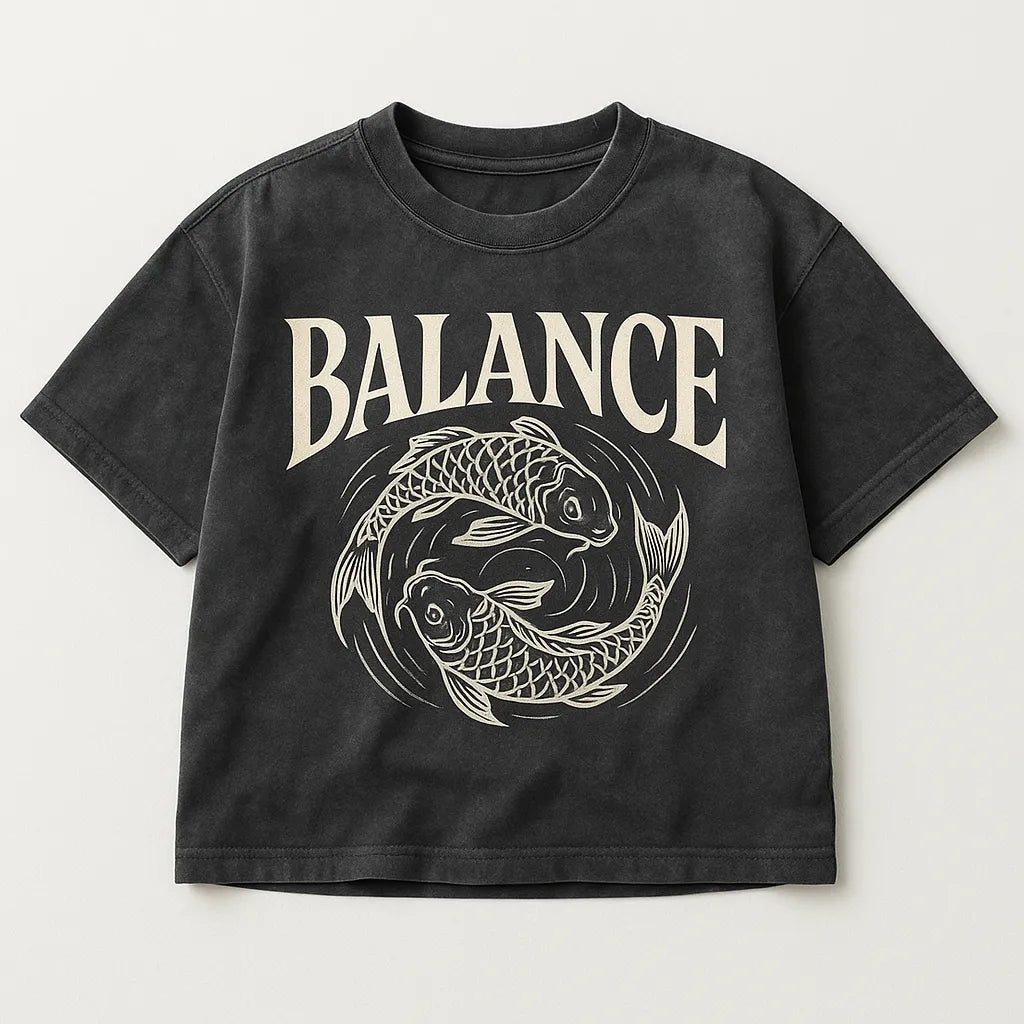 Example output from the Black Washed Streetwear T-Shirt Designs ChatGPT prompt: Balance