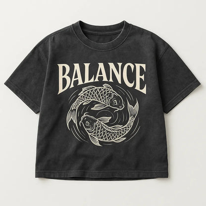 Example output from the Black Washed Streetwear T-Shirt Designs ChatGPT prompt: Balance