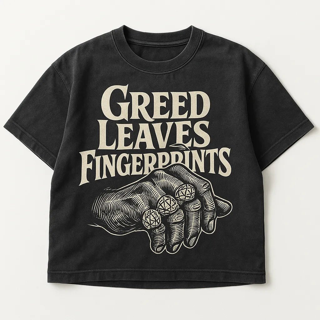 Example output from the Black Washed Streetwear T-Shirt Designs ChatGPT prompt: Greed Leaves Fingerprints