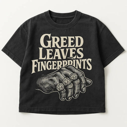 Example output from the Black Washed Streetwear T-Shirt Designs ChatGPT prompt: Greed Leaves Fingerprints