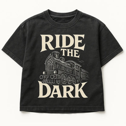 Example output from the Black Washed Streetwear T-Shirt Designs ChatGPT prompt: Ride the Dark