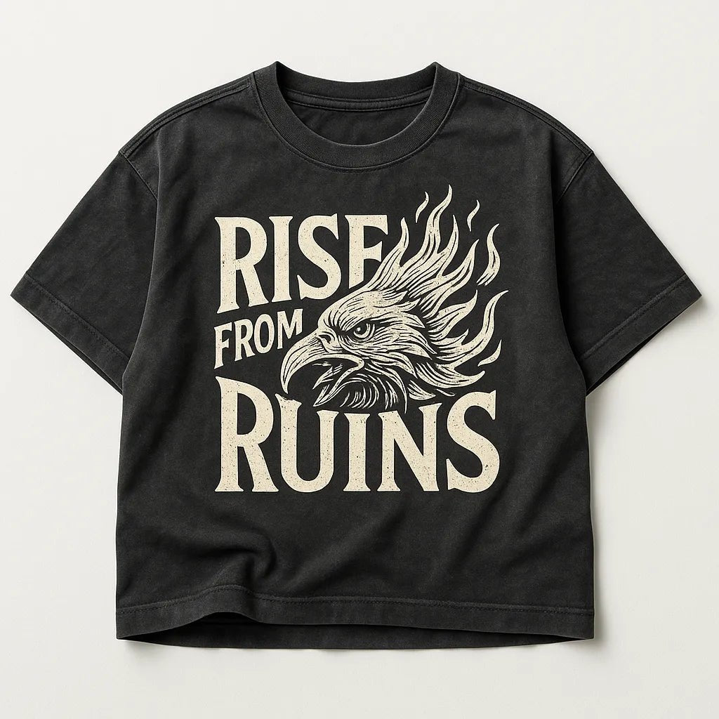 Example output from the Black Washed Streetwear T-Shirt Designs ChatGPT prompt: Rise From Ruins