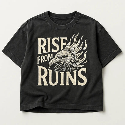 Example output from the Black Washed Streetwear T-Shirt Designs ChatGPT prompt: Rise From Ruins