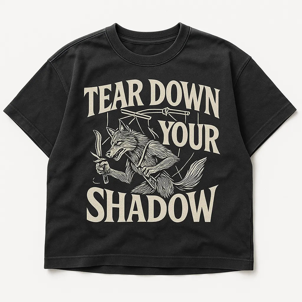 Example output from the Black Washed Streetwear T-Shirt Designs ChatGPT prompt: Tear Down Your Shadow