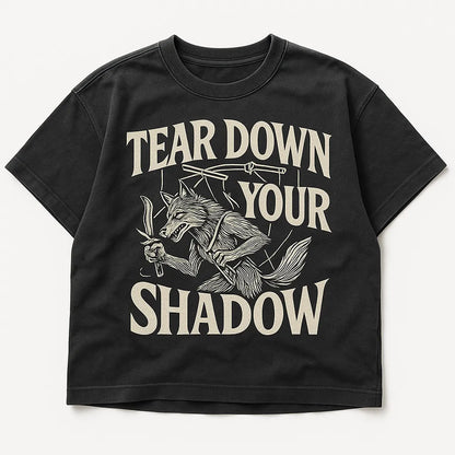 Example output from the Black Washed Streetwear T-Shirt Designs ChatGPT prompt: Tear Down Your Shadow
