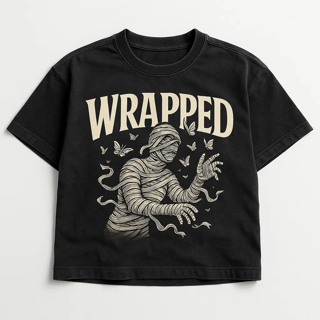 Example output from the Black Washed Streetwear T-Shirt Designs ChatGPT prompt: Wrapped