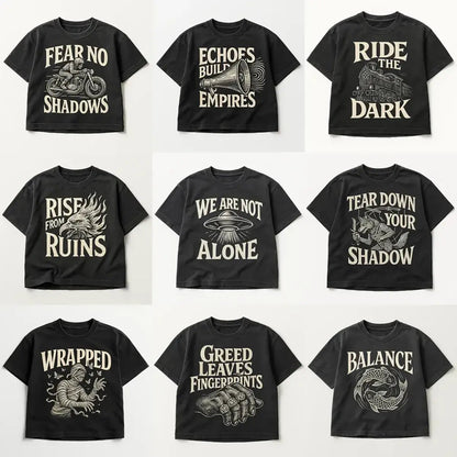 Example output from the Black Washed Streetwear T-Shirt Designs ChatGPT prompt: nine black washed tees in flat-lay mockups with bold lettering and integrated woodcut illustrations.