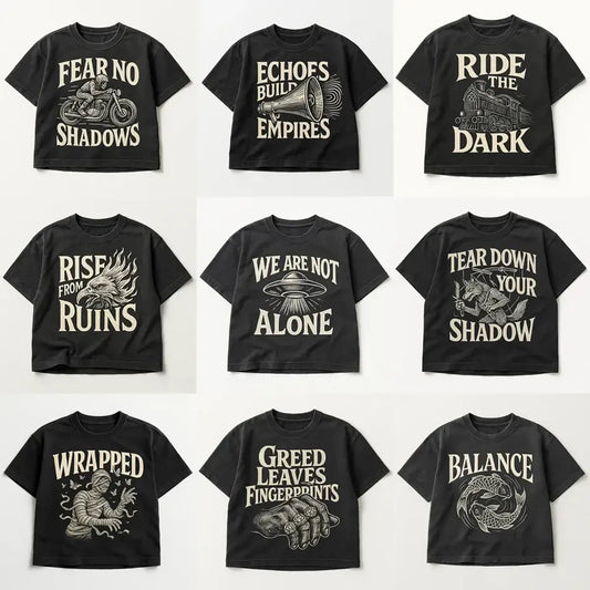 Example output from the Black Washed Streetwear T-Shirt Designs ChatGPT prompt: nine black washed tees in flat-lay mockups with bold lettering and integrated woodcut illustrations.