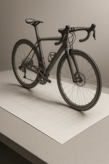 Example output of black-and-white pencil and ink technical sketch generated by a ChatGPT prompt template. Bike.