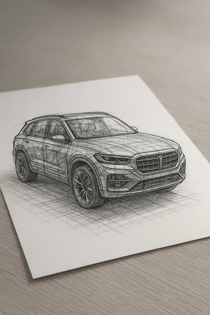 Example output of black-and-white pencil and ink technical sketch generated by a ChatGPT prompt template. Car.
