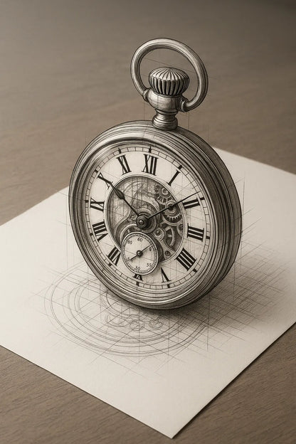 Example output of black-and-white pencil and ink technical sketch generated by a ChatGPT prompt template. Clock.