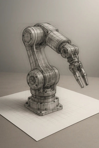 Example output of black-and-white pencil and ink technical sketch generated by a ChatGPT prompt template. Machine.