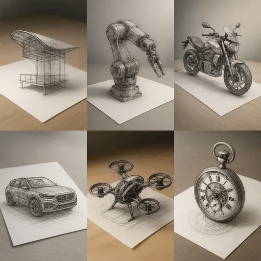 Example output of black-and-white pencil and ink technical sketches generated by a ChatGPT prompt template, each emerging from a real tabletop—featuring an architectural frame, robotic arm, motorcycle, SUV, drone, and pocket watch with ultra-detailed wireframes.
