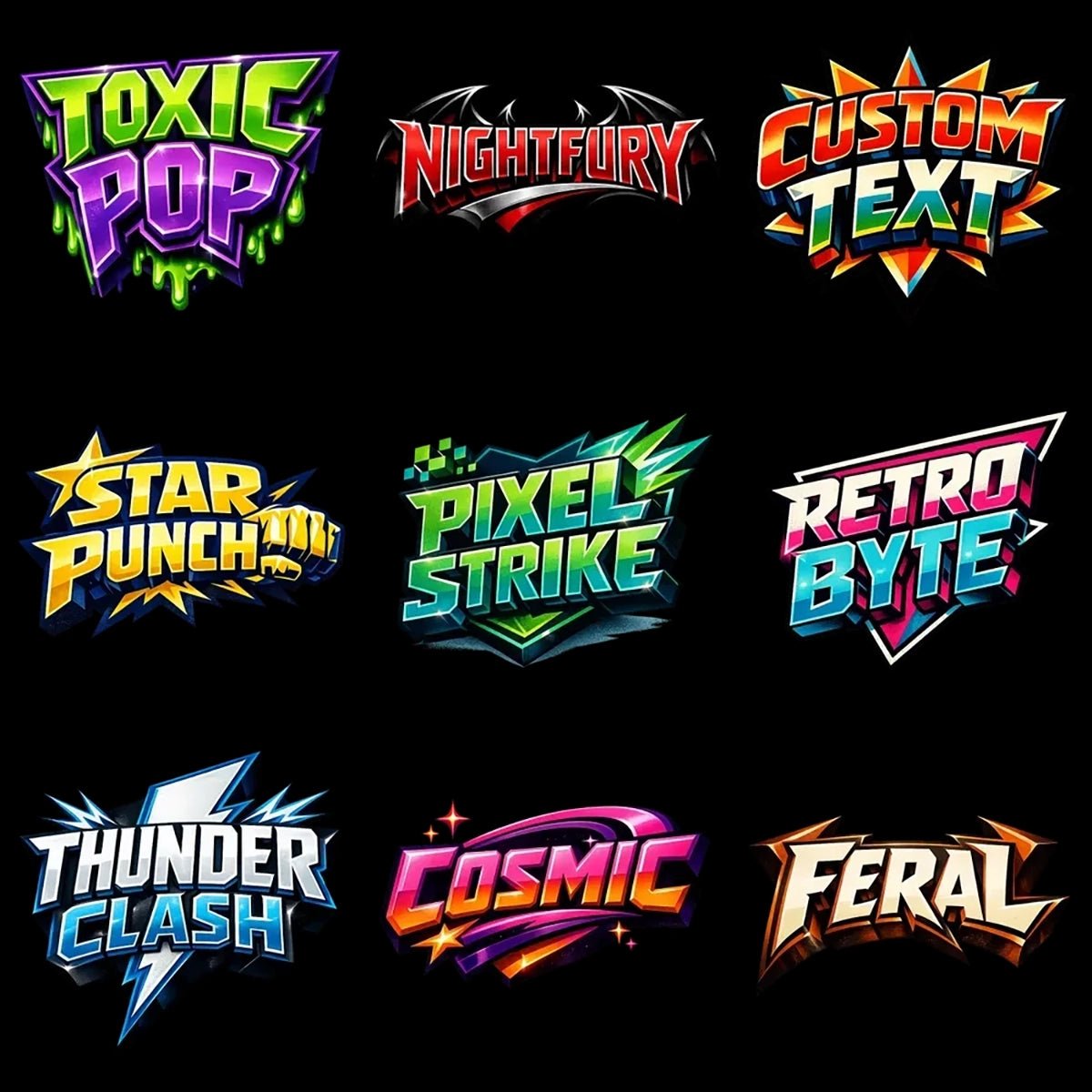 Example output from the Bold 3D Comic Logo PNG ChatGPT prompt: vibrant 3D comic-style logos with bold lettering, dramatic lighting, retro textures, high-contrast colors, and transparent PNG backgrounds designed for branding and merch.