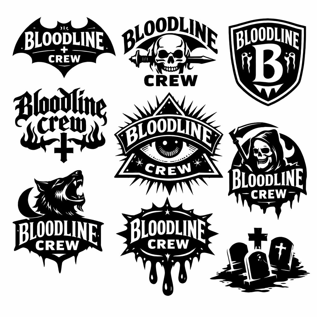 Bold black emblem and badge logo designs with symbols, and custom typography on a white background: Bloodline Crew