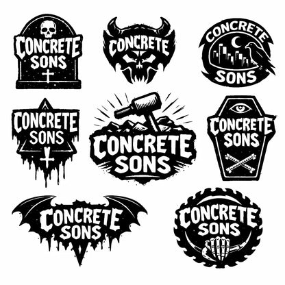 Bold black emblem and badge logo designs with symbols, and custom typography on a white background: Concrete Sons
