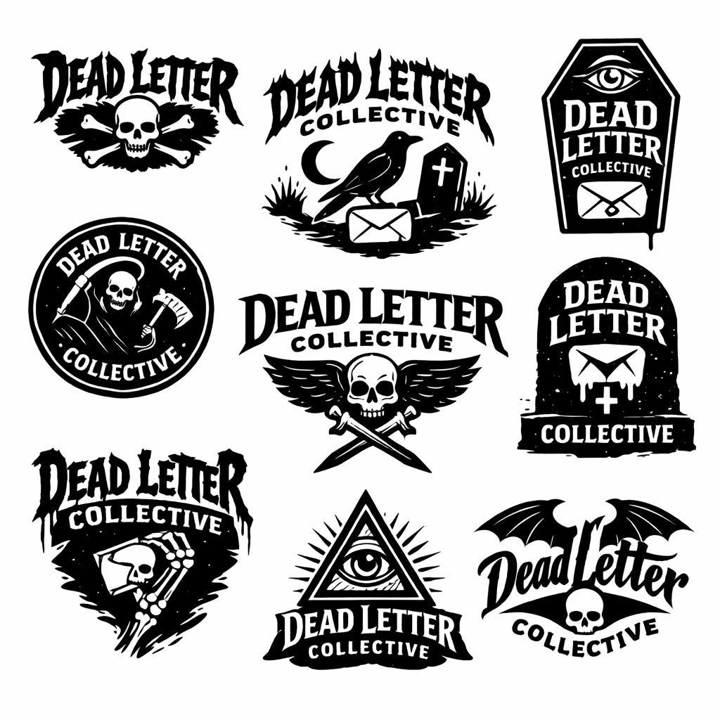 Bold black emblem and badge logo designs with symbols, and custom typography on a white background: Dead Letter