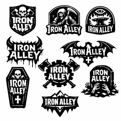 Bold black emblem and badge logo designs with symbols, and custom typography on a white background: Iron Alley