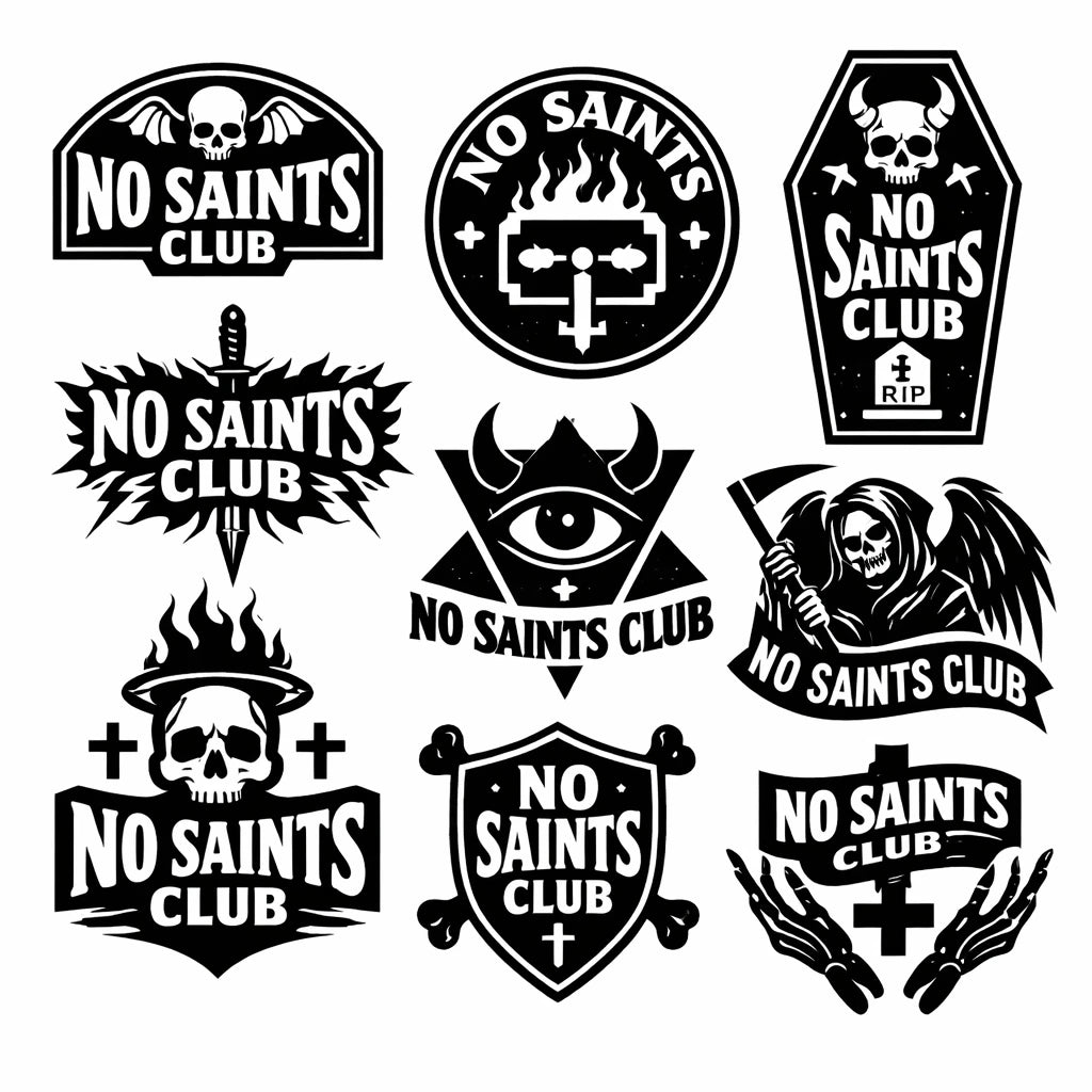 Bold black emblem and badge logo designs with symbols, and custom typography on a white background: No Saint Club