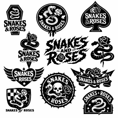 Bold black emblem and badge logo designs with symbols, and custom typography on a white background: Snakes & Roses