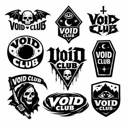 Bold black emblem and badge logo designs with symbols, and custom typography on a white background: Void Club