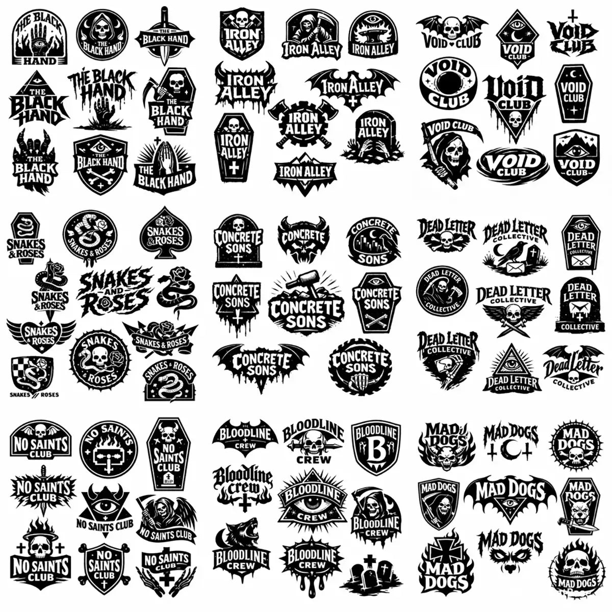 Grid of bold black emblem and badge logo designs with skulls, symbols, and custom typography on a white background