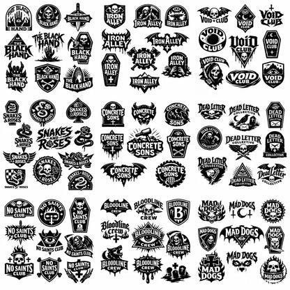 Grid of bold black emblem and badge logo designs with skulls, symbols, and custom typography on a white background