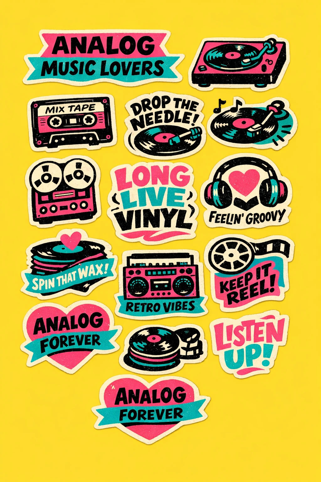 Colorful vintage-inspired diecut sticker sheet designs featuring bold black ink illustrations, retro typography, organic shapes: Analog music lovers
