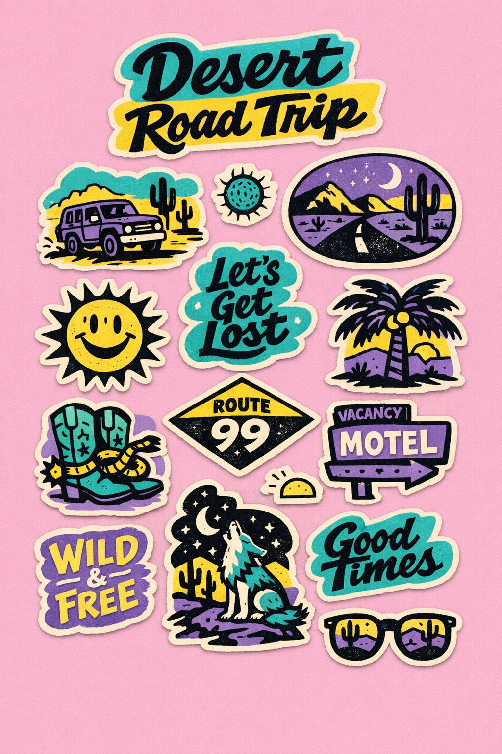 Colorful vintage-inspired diecut sticker sheet designs featuring bold black ink illustrations, retro typography, organic shapes: Desert Road Trip