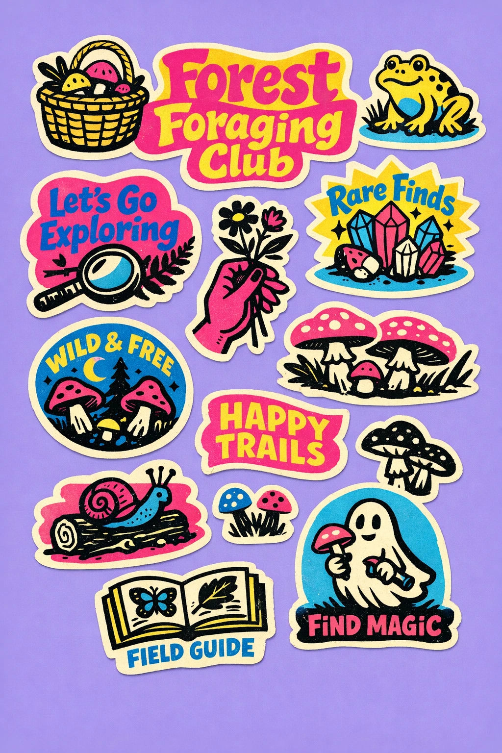 Colorful vintage-inspired diecut sticker sheet designs featuring bold black ink illustrations, retro typography, organic shapes: Forest Foraging Club