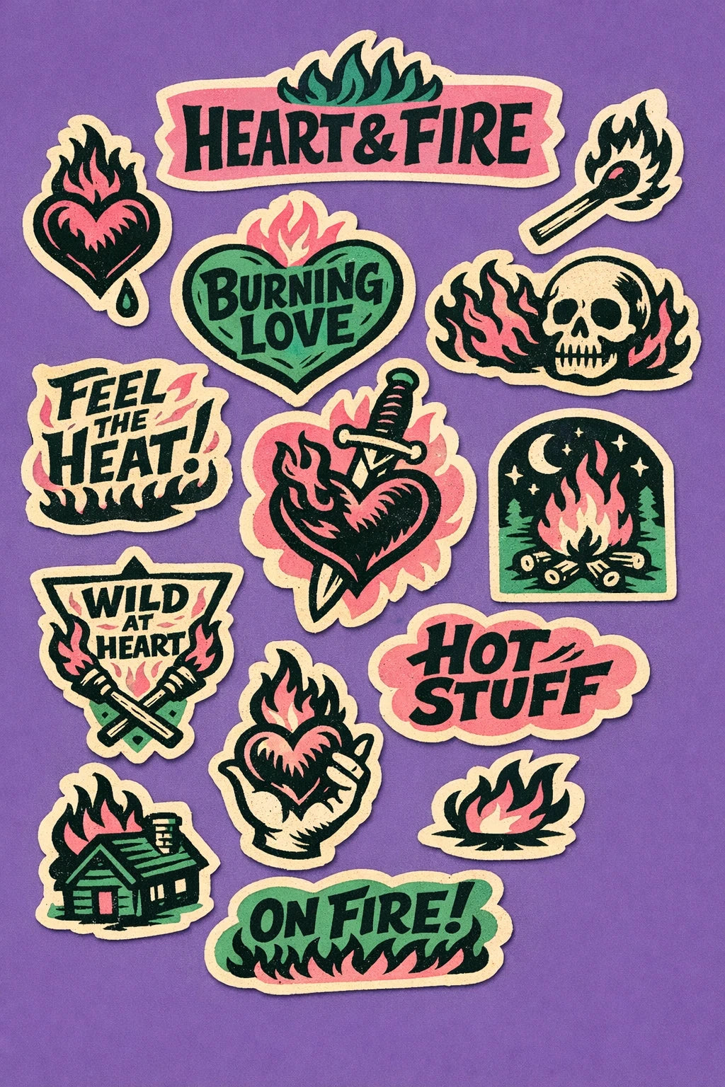 Colorful vintage-inspired diecut sticker sheet designs featuring bold black ink illustrations, retro typography, organic shapes: Heart & Fire