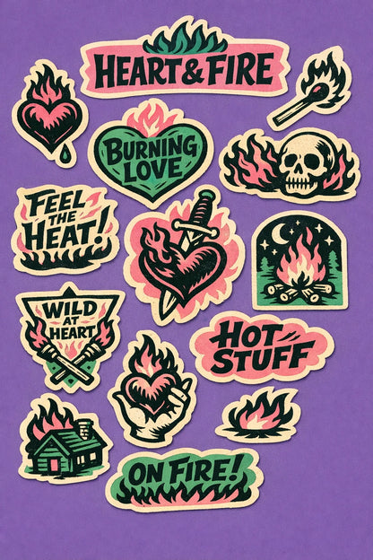 Colorful vintage-inspired diecut sticker sheet designs featuring bold black ink illustrations, retro typography, organic shapes: Heart & Fire