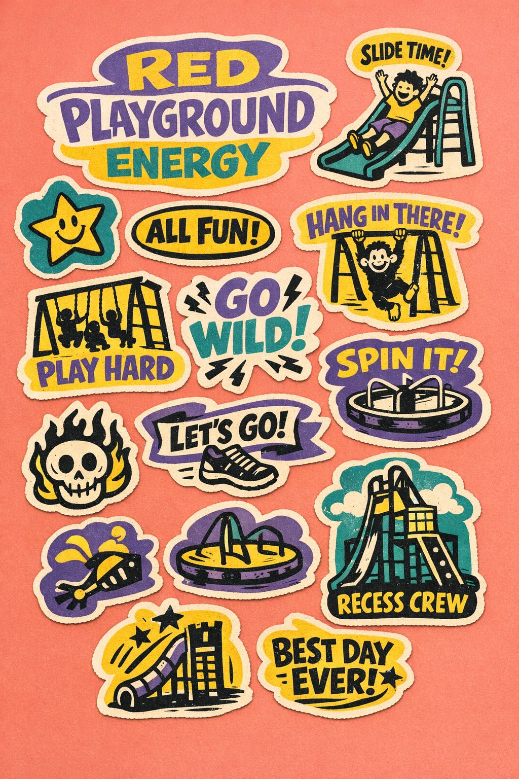 Colorful vintage-inspired diecut sticker sheet designs featuring bold black ink illustrations, retro typography, organic shapes: Red Playground Energy