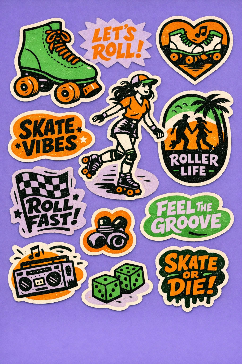 Colorful vintage-inspired diecut sticker sheet designs featuring bold black ink illustrations, retro typography, organic shapes: Let's Roll
