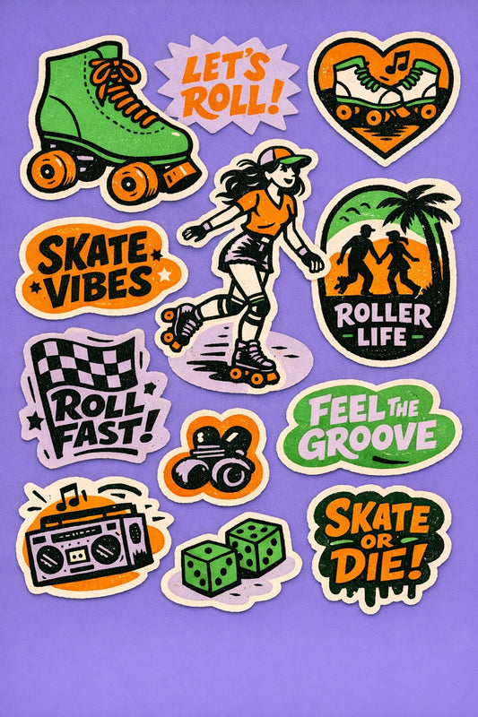 Colorful vintage-inspired diecut sticker sheet designs featuring bold black ink illustrations, retro typography, organic shapes: Let's Roll