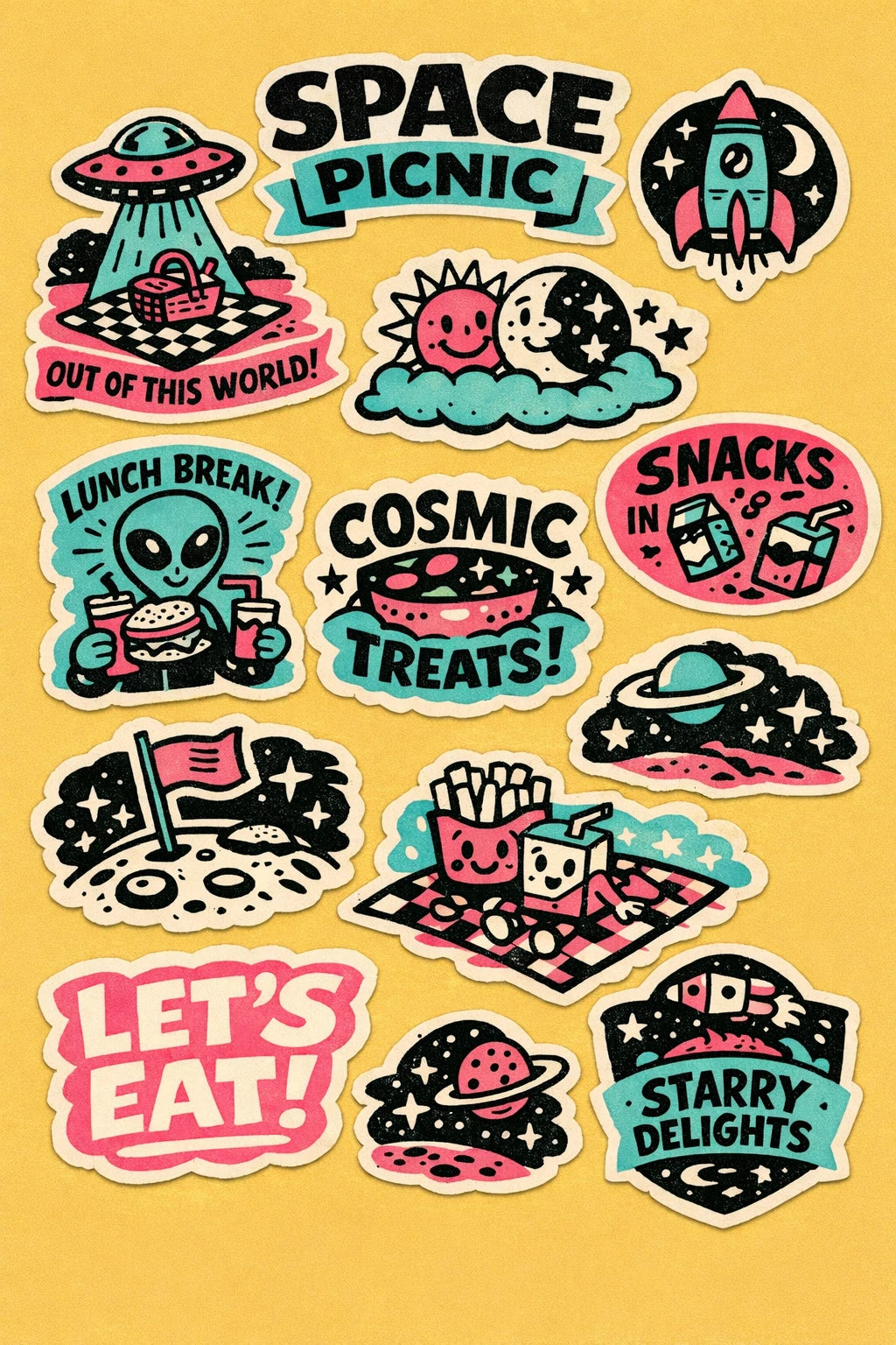 Colorful vintage-inspired diecut sticker sheet designs featuring bold black ink illustrations, retro typography, organic shapes: Space Pinic