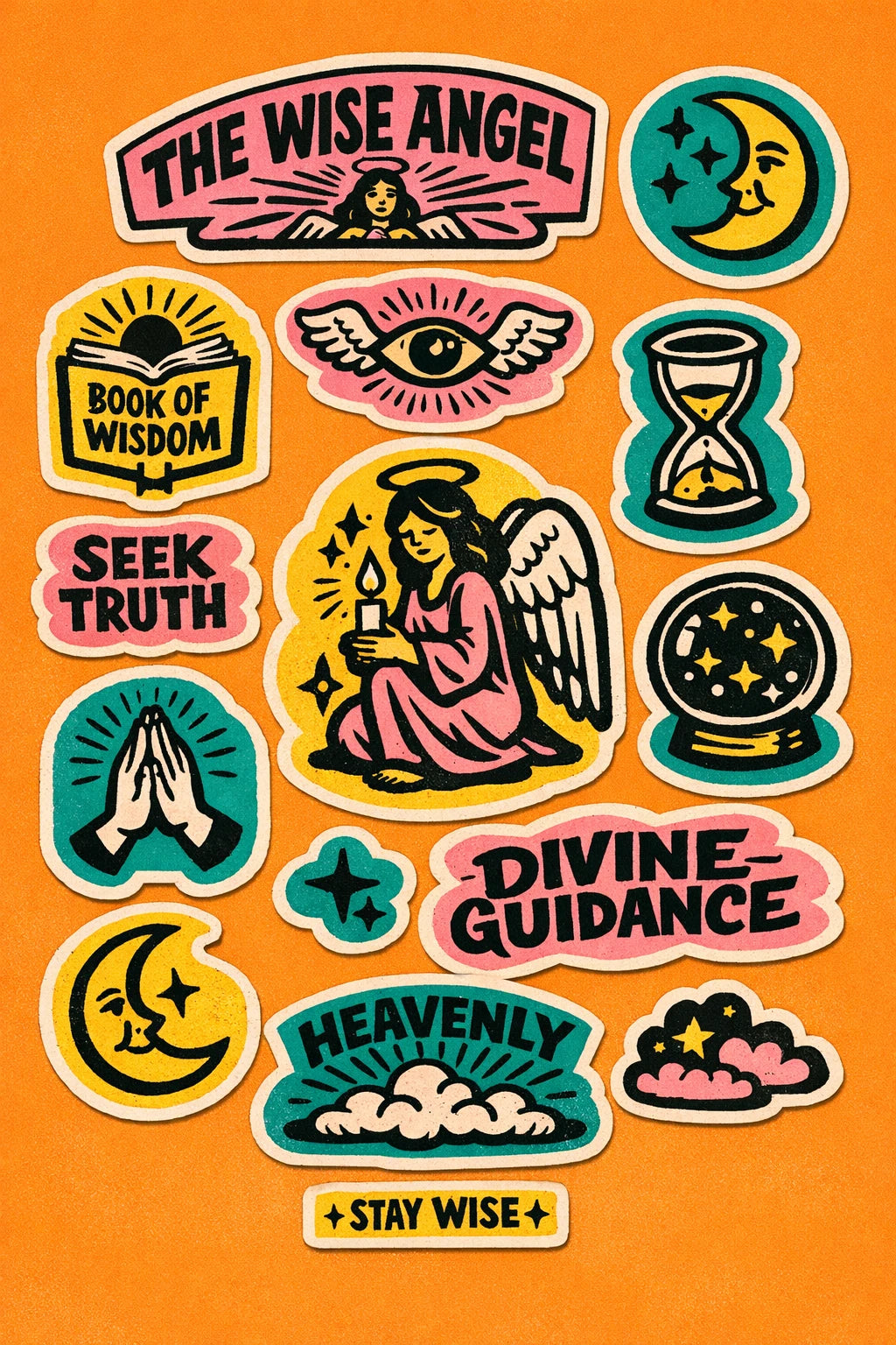 Colorful vintage-inspired diecut sticker sheet designs featuring bold black ink illustrations, retro typography, organic shapes: The Wise Angel