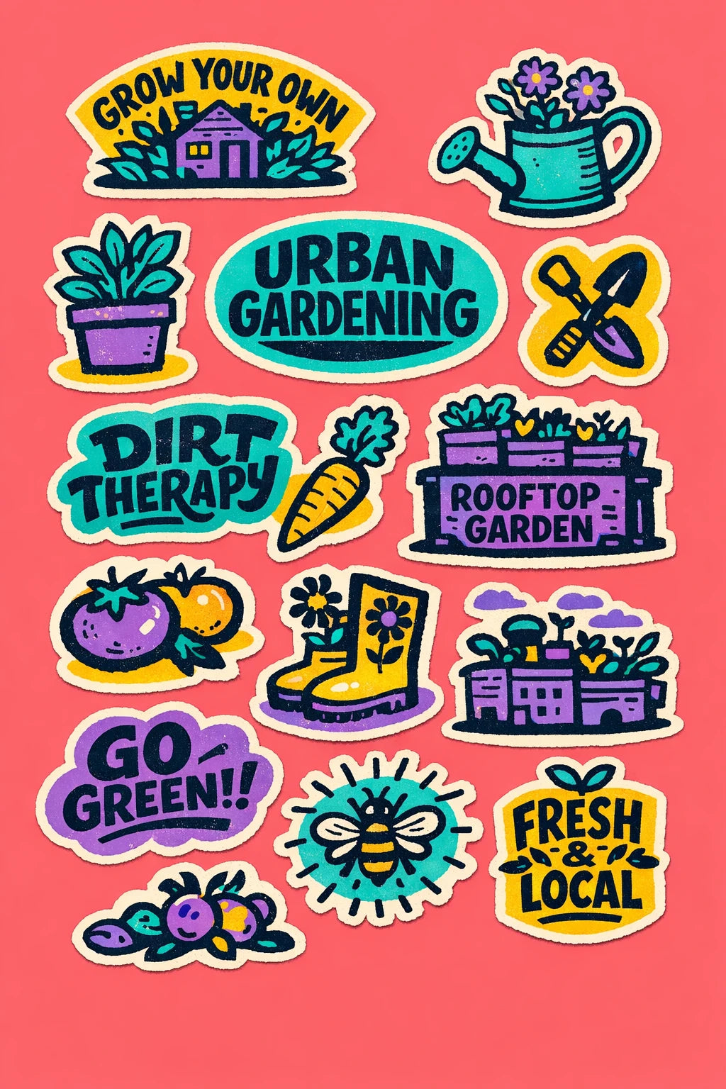 Colorful vintage-inspired diecut sticker sheet designs featuring bold black ink illustrations, retro typography, organic shapes: Grow Your Own