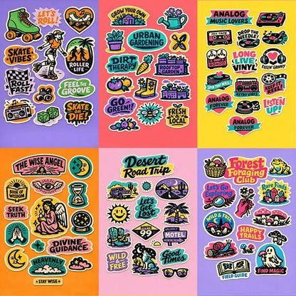 Colorful vintage-inspired diecut sticker sheet designs featuring bold black ink illustrations, retro typography, organic shapes, and cohesive themed layouts on vibrant backgrounds.