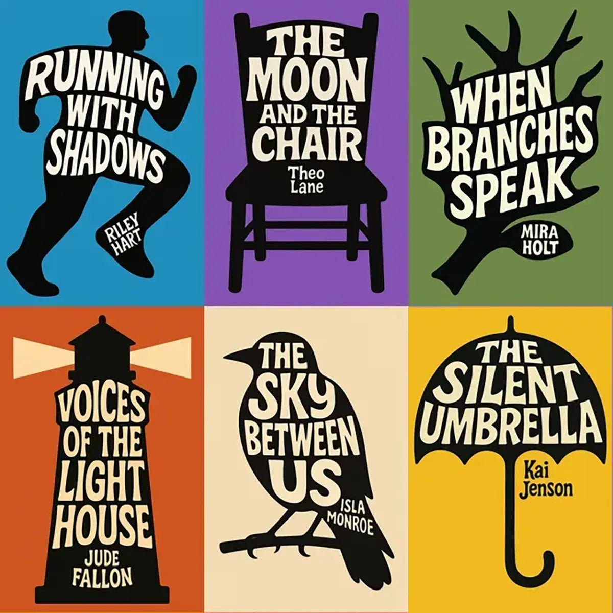 Example output from the Bold Flat Minimalist Book Cover ChatGPT prompt: six flat vector covers with black silhouettes, organic hand-drawn type, and bold color blocks.