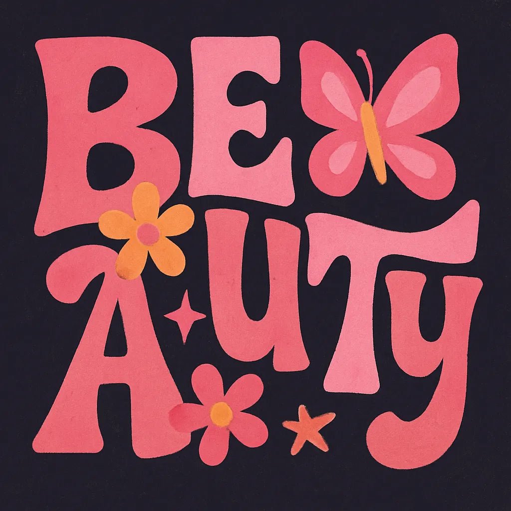Example output from the Bold Hand-Lettered Word Art ChatGPT prompt: retro 70s-style word poster Beauty
