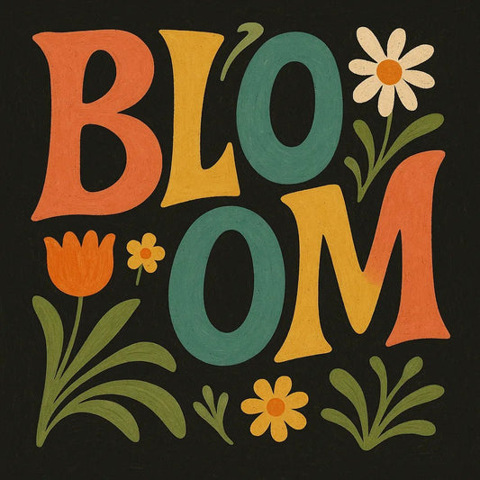Example output from the Bold Hand-Lettered Word Art ChatGPT prompt: retro 70s-style word poster Bloom