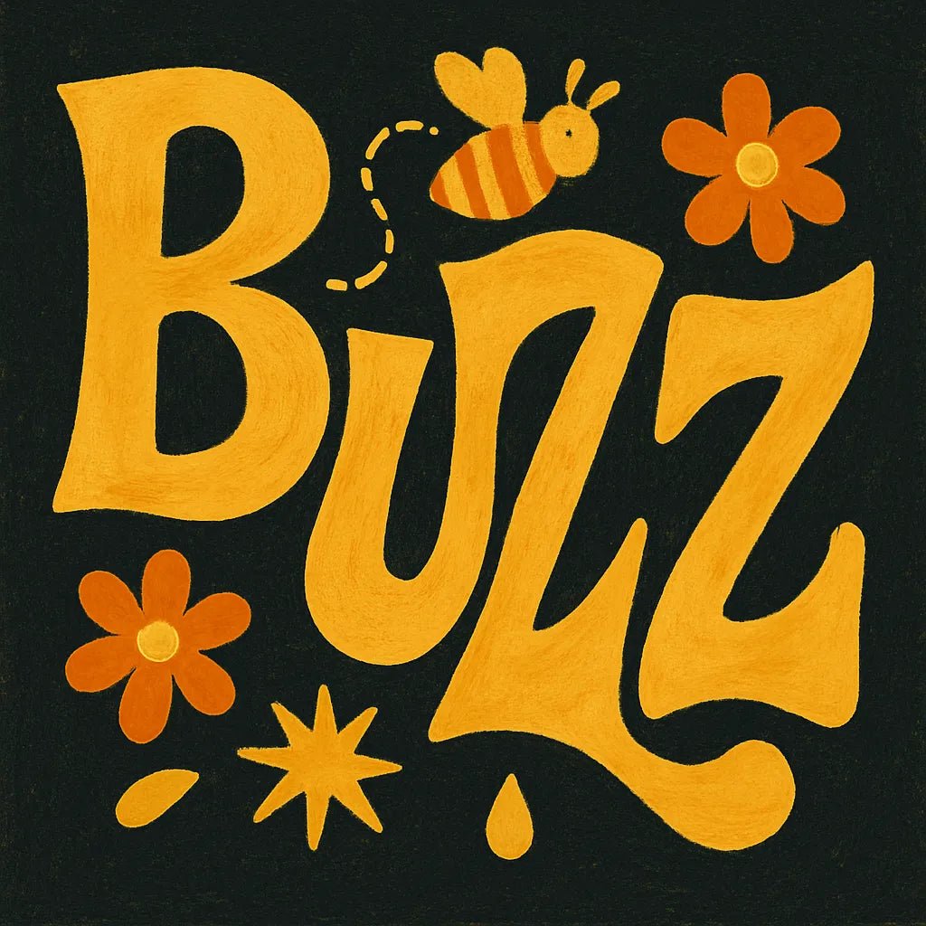 Example output from the Bold Hand-Lettered Word Art ChatGPT prompt: retro 70s-style word poster Buzz