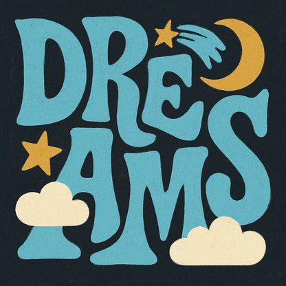 Example output from the Bold Hand-Lettered Word Art ChatGPT prompt: retro 70s-style word poster Dreams