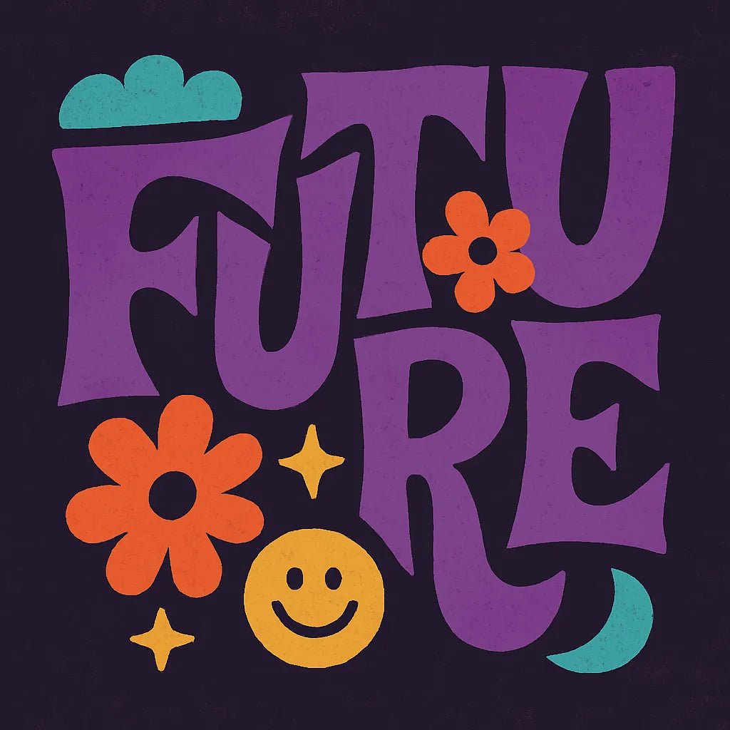 Example output from the Bold Hand-Lettered Word Art ChatGPT prompt: retro 70s-style word poster Future