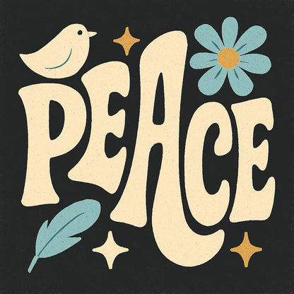 Example output from the Bold Hand-Lettered Word Art ChatGPT prompt: retro 70s-style word poster Peace