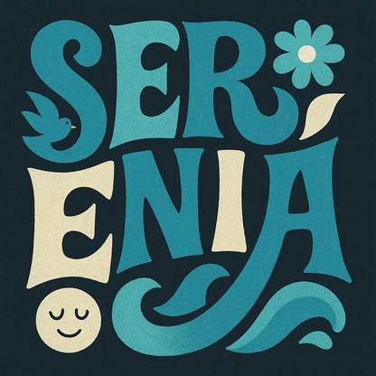 Example output from the Bold Hand-Lettered Word Art ChatGPT prompt: retro 70s-style word poster Serenia